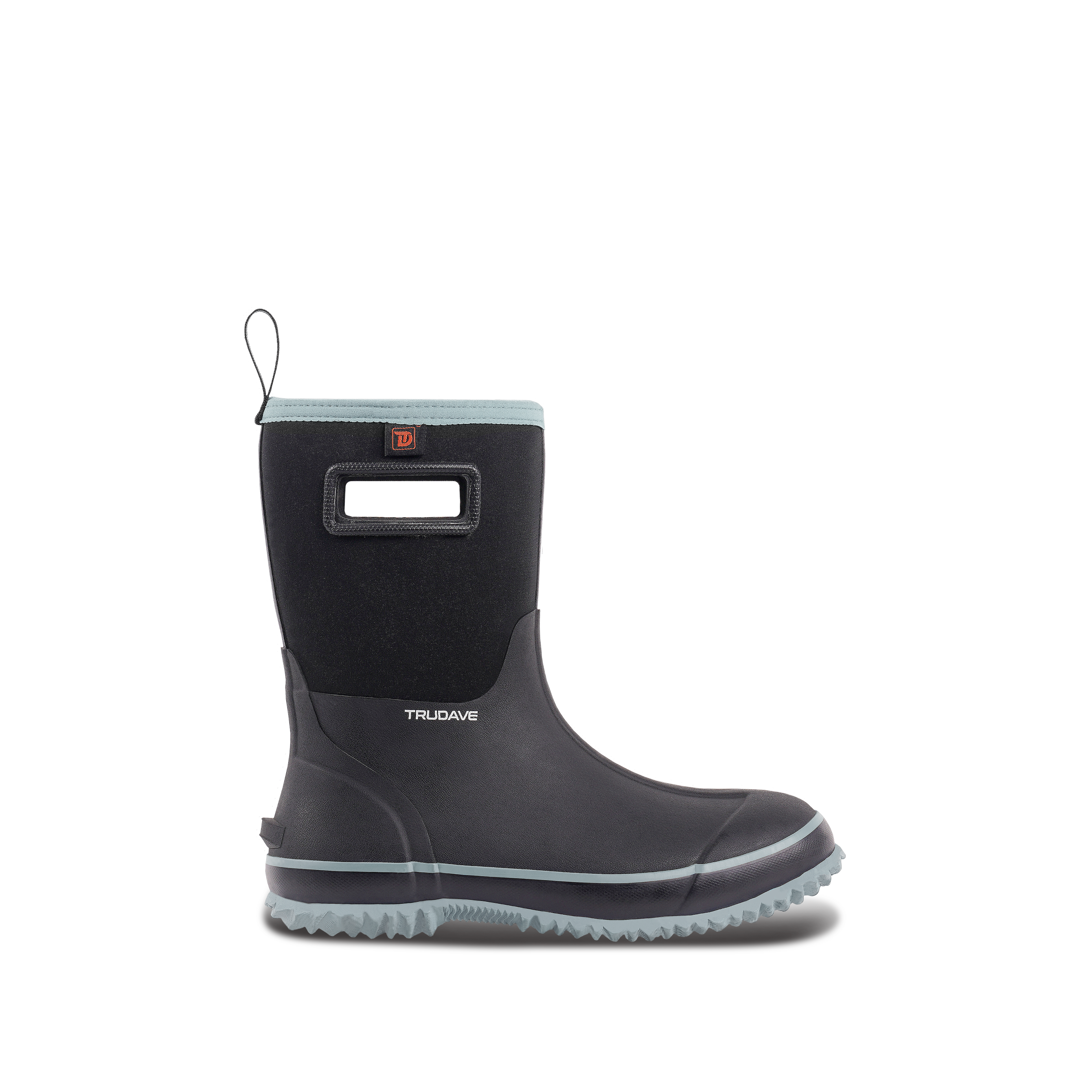 alt="Side view of Trudave MudFlex Series men’s waterproof rain, garden and farm boots in black color with blue trim, featuring durable rubber construction, mid-calf height, and slip-resistant sole ideal for outdoor work, farming, and wet weather conditions"